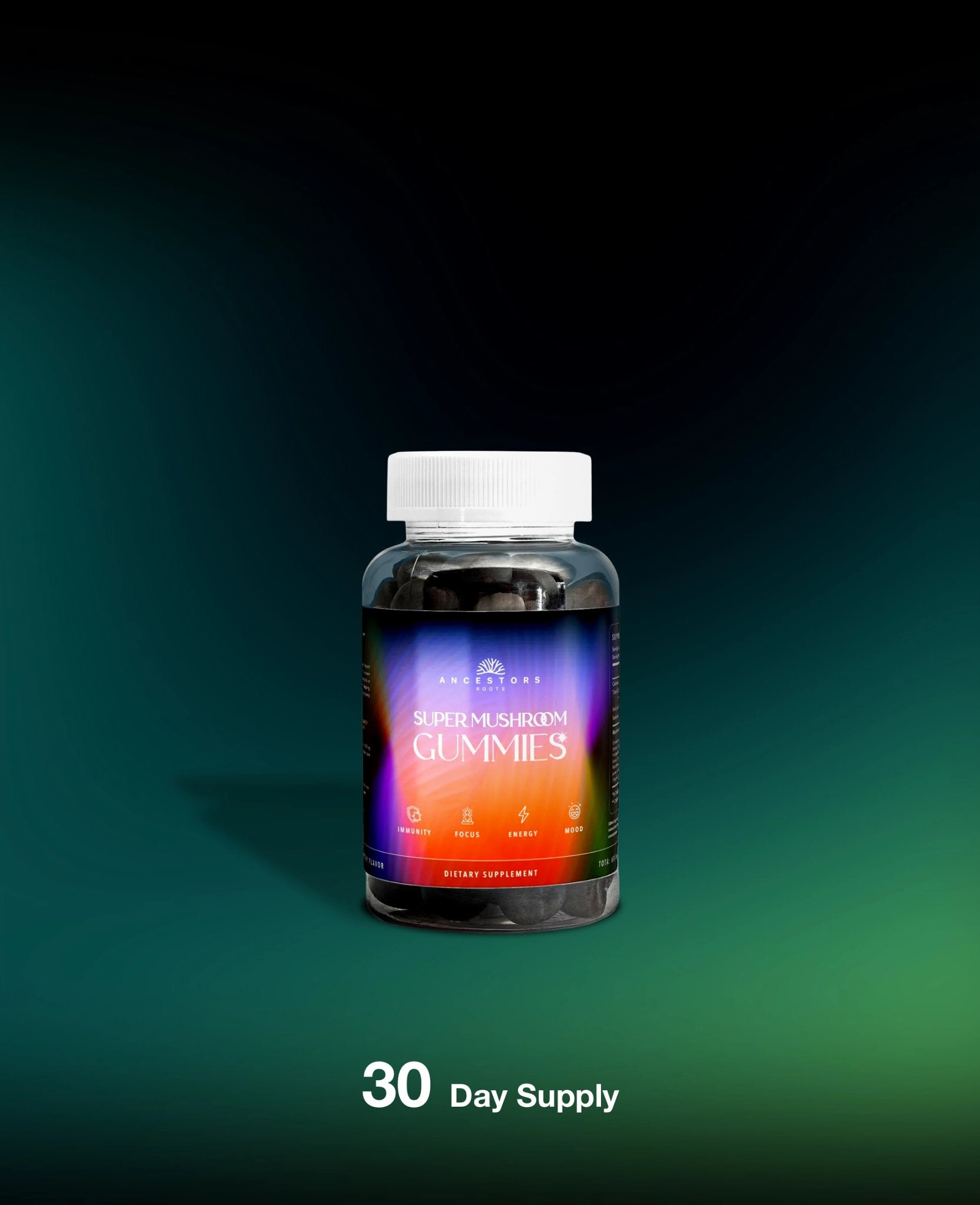 Bottle of Super Daily Mushroom Gummies against a dark background