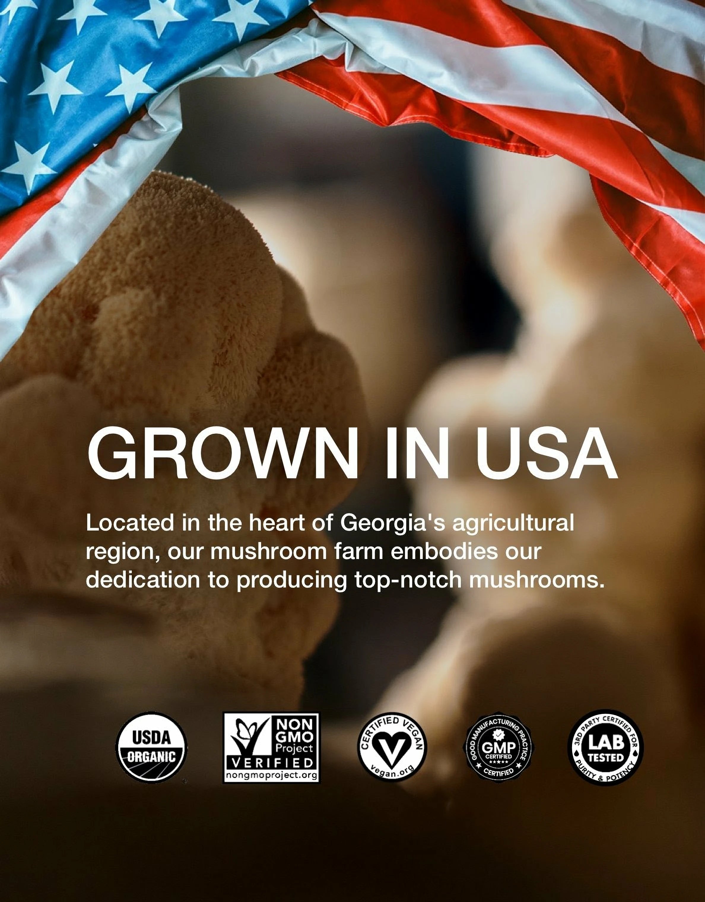 Label detail indicating Super Daily Mushroom Gummies are grown in the USA