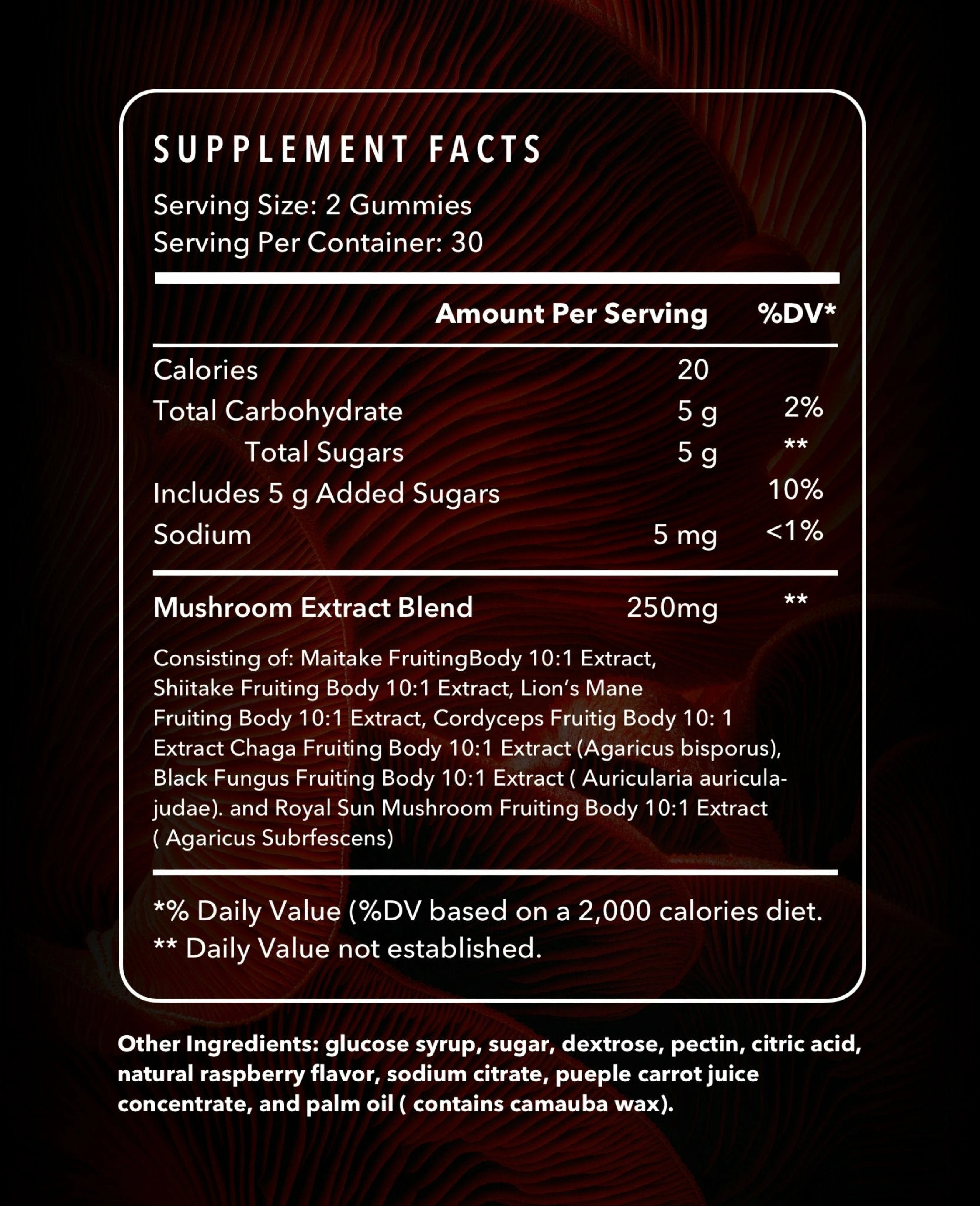 Nutritional information on the back label of Super Daily Mushroom Gummies