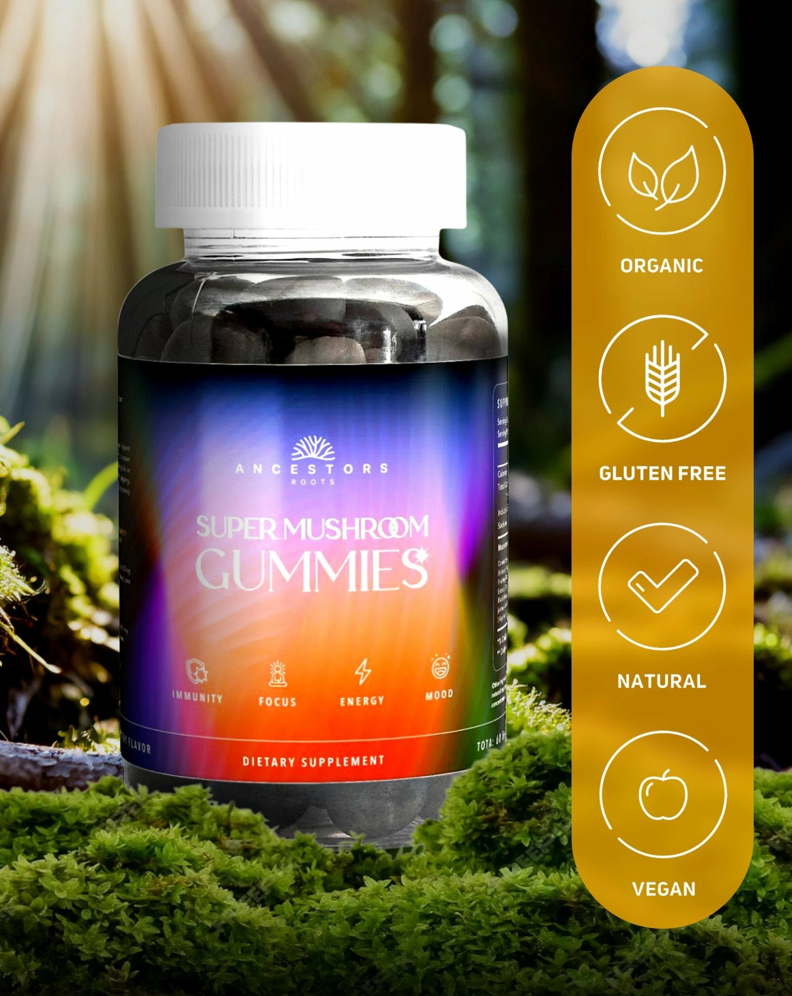 Super Daily Mushroom Gummies bottle showcasing ingredients and label