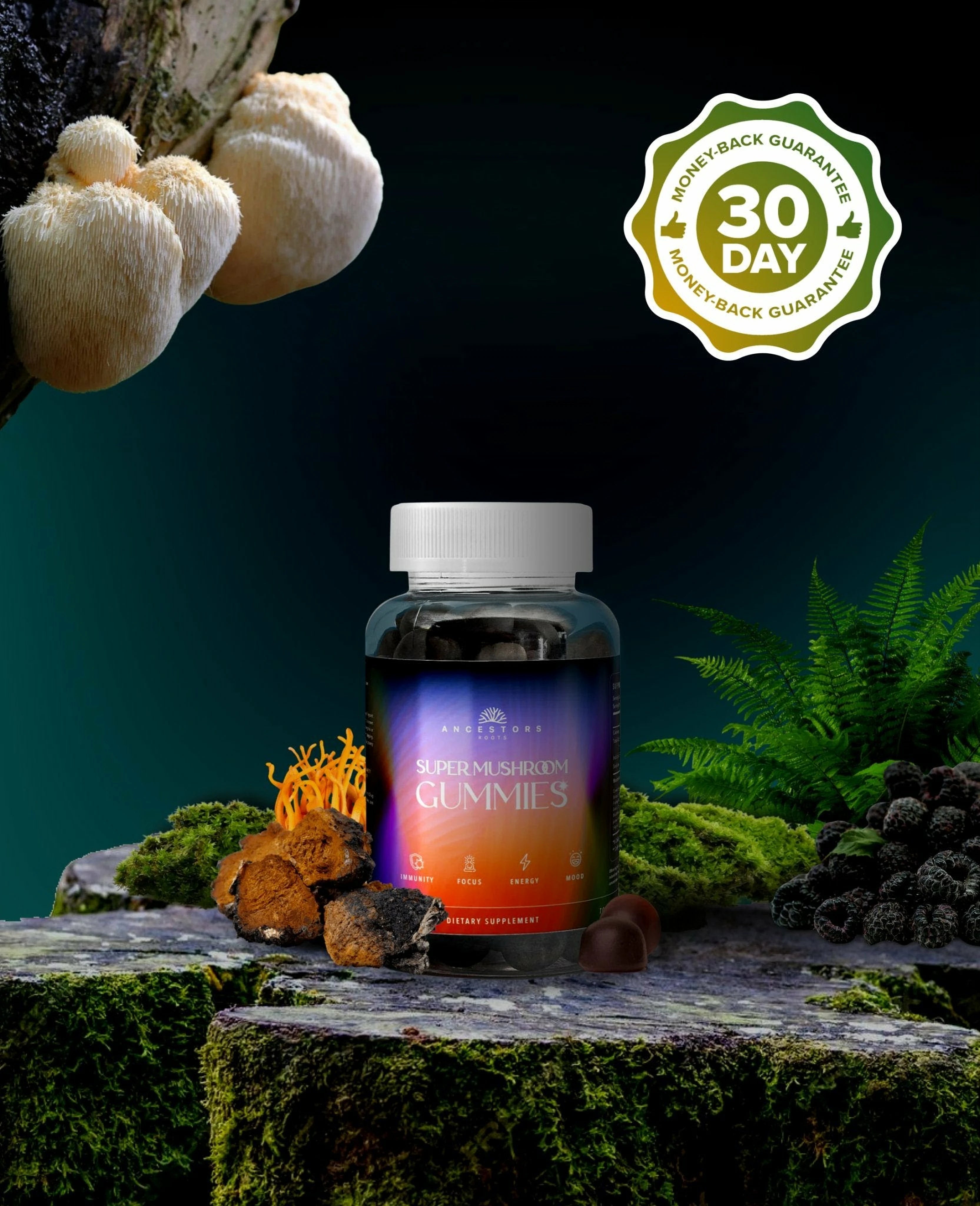 Super Daily Mushroom Gummies bottle with edible mushrooms as decoration