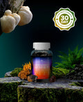 Super Daily Mushroom Gummies bottle with edible mushrooms as decoration